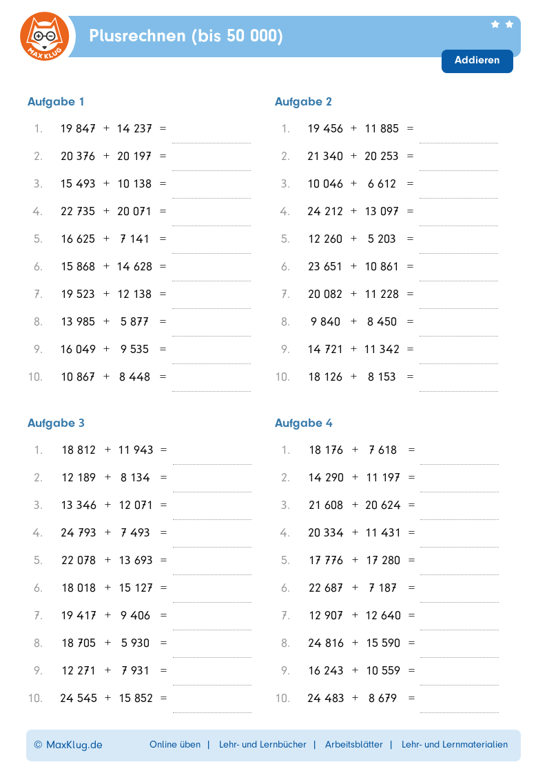 Arbeitsblatt Plusrechnen bis 50 000 