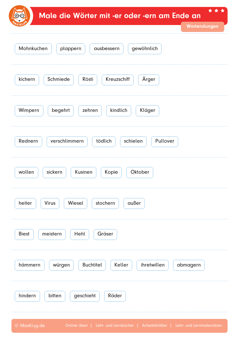 Male die Wörter mit -er oder -ern am Ende an